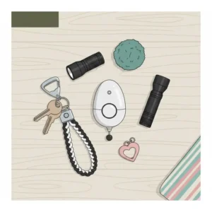 Graphic showing functional safety keychain things including a personal alarm and a sturdy wristlet strap.
