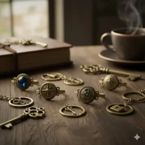 Ornate vintage-style beautiful key rings with antique bronze finish and intricate patterns.