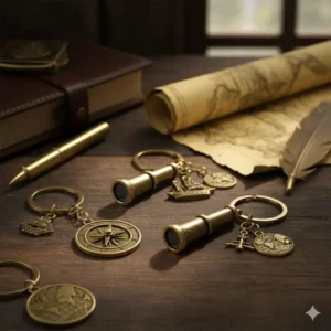 Antique-style brass compass and telescope charms, featured as the most awesome keychains for a vintage aesthetic.