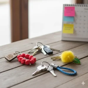 A collection of different keychain decoration styles used for organizing household keys on a table.