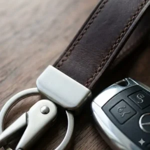Close-up view of the durable stitching and metal clasp on high-quality automotive key rings.