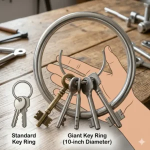 Illustration showing a giant key ring next to a standard keyring for size comparison.