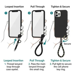 Illustration showing how to attach a cell phone key ring to a smartphone case.
