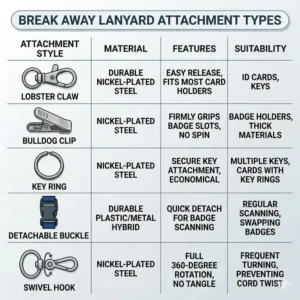 Illustration 1: Close-up of a black plastic safety buckle on a break away lanyard showing the quick-release mechanism.