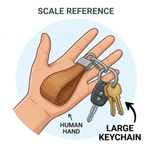 Detailed illustration showing the scale of a large keychain compared to a human hand for size reference.