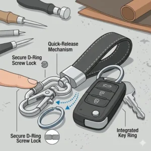 Illustration showing the quick-release mechanism of a heavy-duty keychain auto clip.