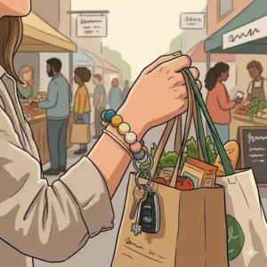 A person carrying grocery bags with a wrist key ring securely around their arm.