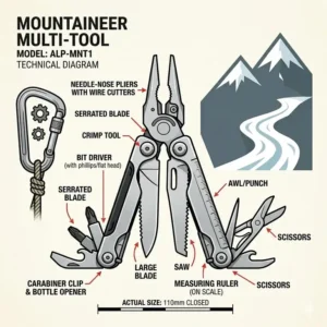 Technical diagram showing the various functions of a multipurpose tool for a mountaineer.