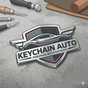 Stylized illustration of a metal keychain auto fob featuring a sleek automotive emblem.