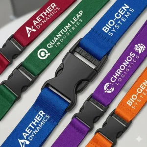 Illustration 2: Various colorful custom breakaway lanyards showcasing different corporate branding and logo printings.