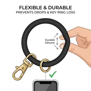 A close-up illustration of a flexible and durable silicone cell phone key ring.