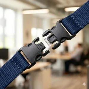 Illustration 2: Hands demonstrating how to easily reconnect the safety clasp of a blue break away lanyard.