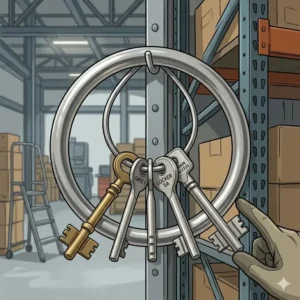 A giant key ring used in a warehouse setting to organize multiple gate and locker keys.
