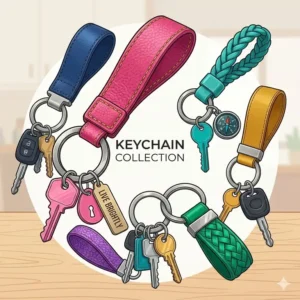 A variety of large keychain options in vibrant colors like pink and teal arranged in a circle.