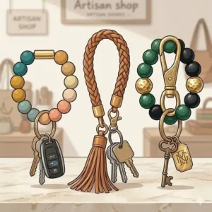 Various styles of wrist key ring including leather tassels and gold hardware accents.
