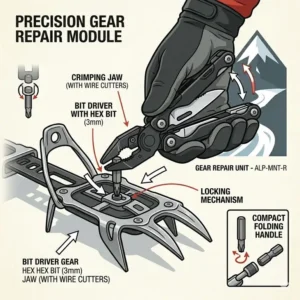 Using a multipurpose tool for a mountaineer to perform precision gear repair on a crampon.