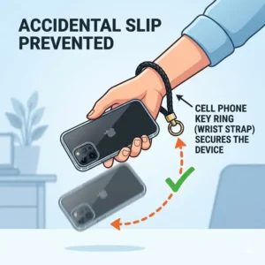 Graphic showing a cell phone key ring preventing a smartphone from falling.
