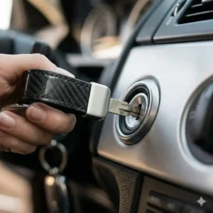 A hand inserting a car key attached to stylish automotive key rings into a vehicle ignition.