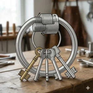 Close-up illustration of the secure screw-lock mechanism on a giant key ring.