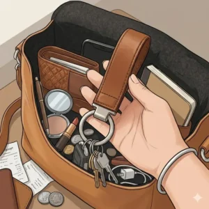 Illustration of an organized bag showing how a large keychain is easy to find inside a cluttered purse.