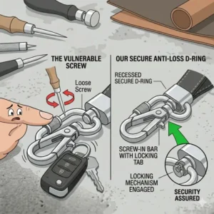 Close-up illustration of a secure D-ring screw-lock used in a keychain auto kit to prevent key loss
