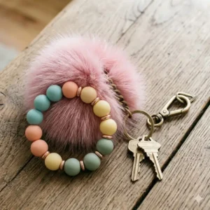 A colorful silicone bead keychain big wristlet design for easy carrying.