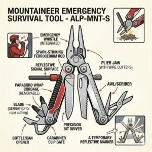 Emergency survival features of a multipurpose tool for a mountaineer including fire starting.