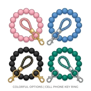 An array of cell phone key ring in various colors including pink, blue, and black.