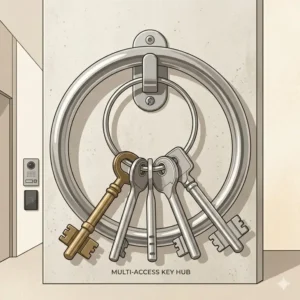 A decorative giant key ring mounted on a wall acting as a modern key organizer for a home.