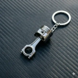 A polished chrome piston and connecting rod engine part jdm keychain.