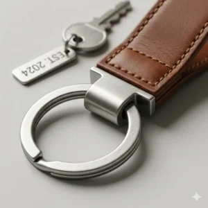 Close-up illustration of a large keychain highlighting the heavy-duty metal hardware and texture.