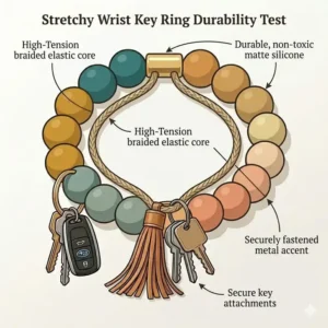 A close-up illustration demonstrating the elasticity and durability of a stretchy wrist key ring.
