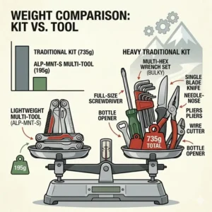 Weight comparison chart between a heavy gear kit and a lightweight multipurpose tool for a mountaineer.