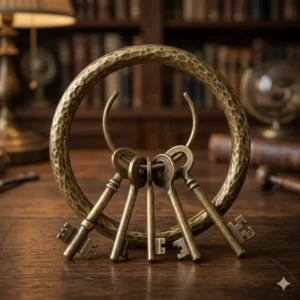An illustration of a vintage-style brass giant key ring with a textured finish.