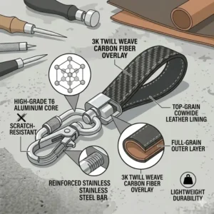 Illustration of a lightweight carbon fiber keychain auto accessory showing its scratch-resistant texture.