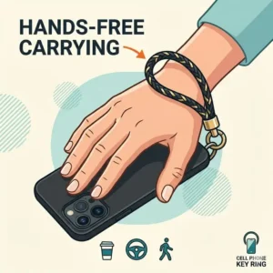 Illustration of a cell phone key ring looped around a finger for hands-free carrying.