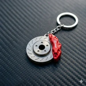 A detailed silver brake disc rotor and red caliper jdm keychain.