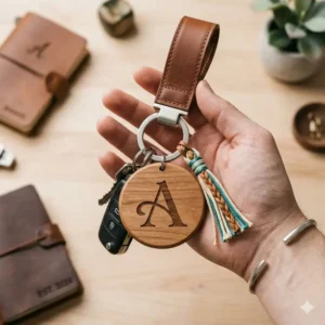 A large keychain made of wood featuring a personalized engraved monogram and decorative tassel.