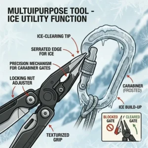 Specialized ice-clearing utility of a multipurpose tool for a mountaineer on a frozen carabiner.