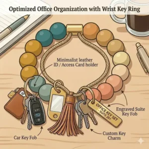 An organized wrist key ring holding office keys, a key fob, and a small card holder.