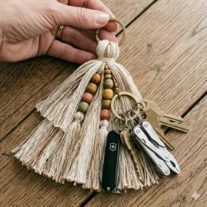 A person holding a decorative boho-style keychain big tassel to show its scale.