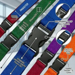 Illustration 6: A technical size chart and specification guide for ordering custom breakaway lanyards.