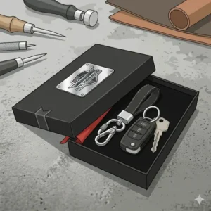Minimalist illustration of a keychain auto set presented in an elegant gift box.