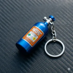 A blue nitrous oxide NOS bottle jdm keychain with a screw top.