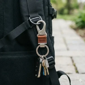 Illustration of a large keychain with a sturdy clip attached to the strap of a black backpack.