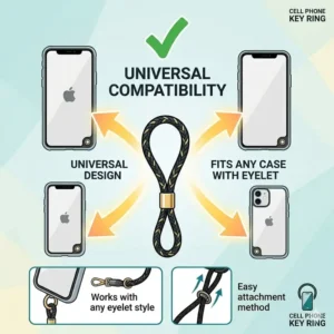 Diagram showing a universal cell phone key ring compatible with different phone models.