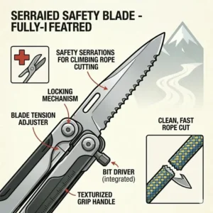 Close-up of the serrated safety blade on a high-quality multipurpose tool for a mountaineer.