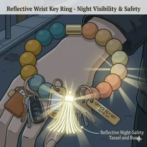 A reflective wrist key ring glowing in low light for increased visibility and safety.