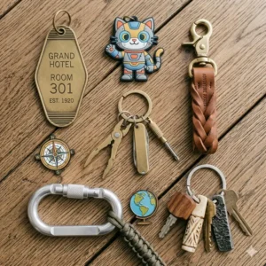 A diverse collection of various keychain big styles including hotel tags and rubber charms.