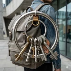 A stylized giant key ring used as a functional fashion accessory on a backpack.